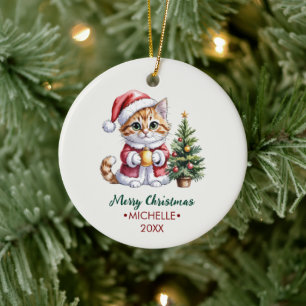 Décoration En Céramique Chat personnalisé avec un chapeau de Père Noël sur