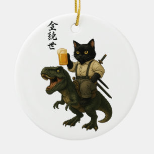 Décoration En Céramique Chat Samouraï avec Bière & T-Rex Art Japonais Ré
