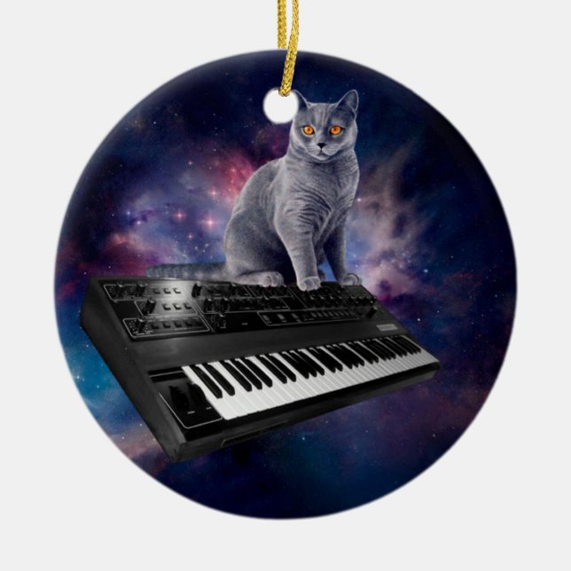 Décoration En Céramique Chat sur synthétiseur dans l'espace (Devant)