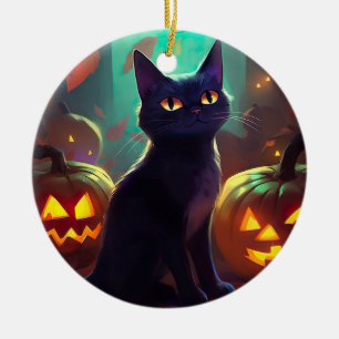 Décoration En Céramique Chat Tuxedo d'Halloween avec citrouilles effrayant