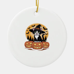 Décoration En Céramique Chat Tuxedo Halloween Sorcière Citrouilles Mignonn