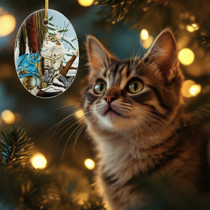 Décoration En Céramique Chat viking et dragon bleu