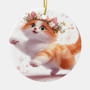Décoration En Céramique Chaton joueur avec couronne de fleurs de marguerit