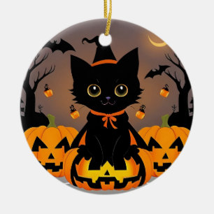 Décoration En Céramique 🧙♀️🐱 Chaton noir mignon sorcière Halloween magi