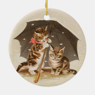 Décoration En Céramique Chatons vintage sous parapluie art de chat antique