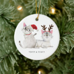 Décoration En Céramique Chats de Noël Père Noël Antlers<br><div class="desc">De mignons ornements de Noël avec des noms personnalisés illustrant l'illustration de deux chats siamois portant un chapeau santa et des bois. Parfait pour les propriétaires de chats de deux.</div>