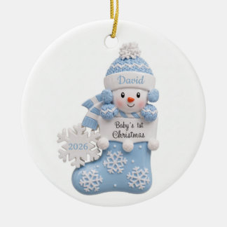 Décoration En Céramique Chaussette Bonhomme de Neige Bleu 3D pour le 1er N