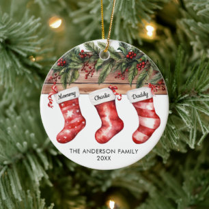 Décoration En Céramique Chaussettes de Noël de famille de 3 mignonnes aqua