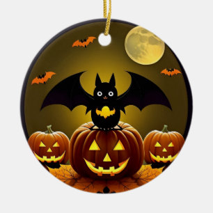 Décoration En Céramique 🌕🦇 Chauve-souris au clair de lune & Citrouille N
