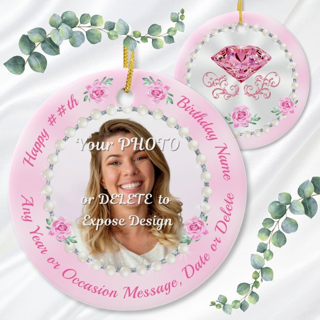 Décoration En Céramique Cheap, Personalized Photo Birthday Ornaments, Pink (Birthday gift for female coworker, female friend, wife, mom and her. 60th or 30th birthday ornaments)