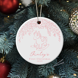 Décoration En Céramique Cheval à bascule fantaisiste rose pour le 1er Noël