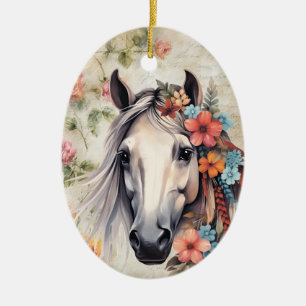 Décoration En Céramique Cheval blanc dans les fleurs.