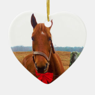 Décoration En Céramique Cheval de Noël avec arc rouge