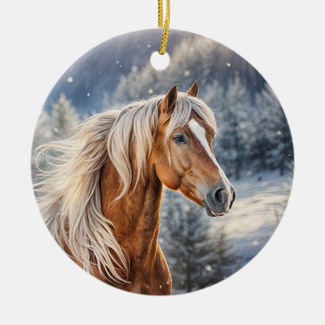 Décoration En Céramique Cheval de Noël dans Mane longue neige (Devant)