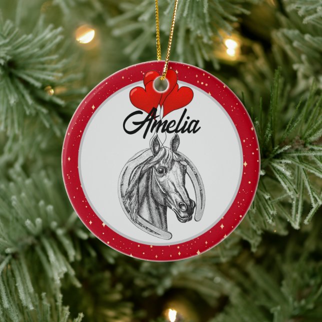 Décoration En Céramique Cheval et Coeurs Personnalisés (Arbre)