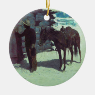 Décoration En Céramique Cheval et Cowboy neige hivernale