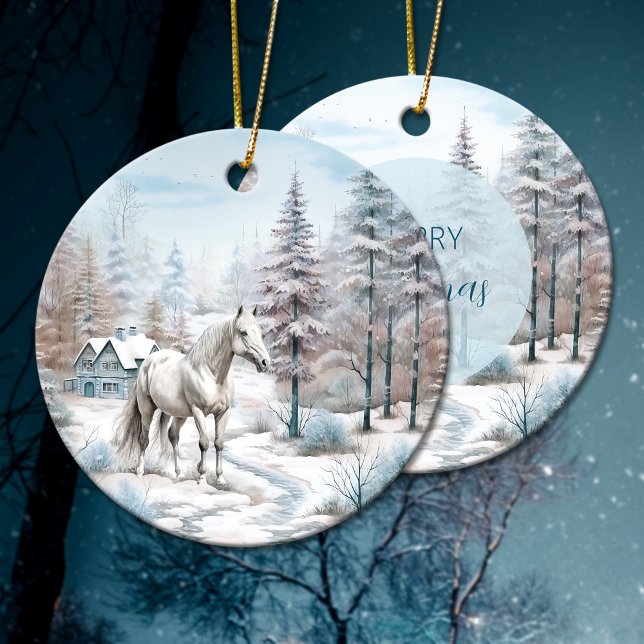 Décoration En Céramique Cheval hiver scène neige forêt Noël (Horse winter scene snow forest Christmas Ceramic Ornament)