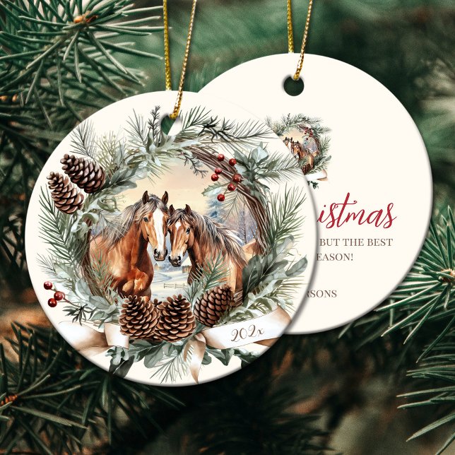 Décoration En Céramique Chevaux ferme animal pin de Noël couronne (Horses farm animal Christmas pinecone wreath Ceramic Ornament)