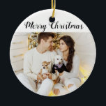 Décoration En Céramique Chic Custom Family Couple Photo Holiday Christmas<br><div class="desc">Chic custom holiday ceramic ornament with the words "Merry Christmas" in an elegant black script font with a white background. Click "Personalize" to add a special photo of your family or you and your husband or wife and perhaps even your pets. Click "Click to customize further" to add text and...</div>