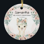 Décoration En Céramique Chic Llama Blush Floral Baby Girl First Christmas<br><div class="desc">Adorable ceramic ornament featuring a sweet baby llama,  elegant watercolor greenery and dusty blush flowers. Matching items available in our store!</div>