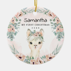 Décoration En Céramique Chic Llama Blush Floral Baby Girl First Christmas