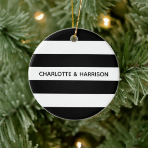Décoration En Céramique Chic rayures noir et blanc nom personnalisé monogr
