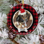 Décoration En Céramique Chien 1er Noël Photo Buffalo Plaid Santa Hat<br><div class="desc">Ce chien amusant premier buffle de Noël plaid animal 2 photo ornement recto-verso comprend une photo de votre chiot avec un chapeau de Père Noël rouge, et son nom à l'intérieur d'un chien blanc os, sur un arrière - plan de buffle noir et rouge plaid. Le dos de l'ornement contient...</div>