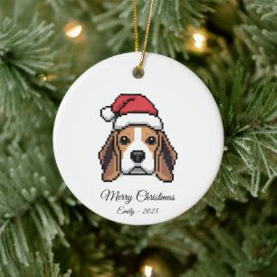 Décoration En Céramique Chien Beagle Chapeau de Père Noël en Pixel Art Mig