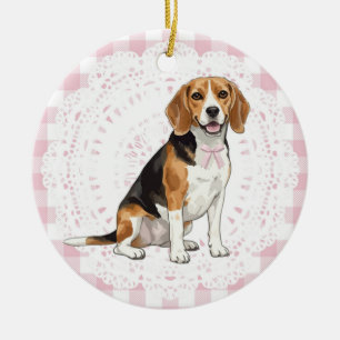 Décoration En Céramique Chien Beagle Coquette Rubans Gingham Rose