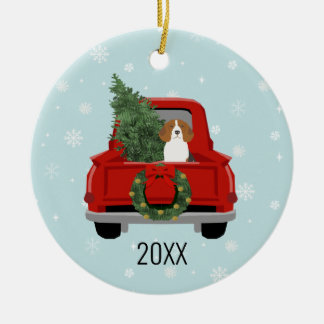 Décoration En Céramique Chien beagle de noël camion rouge