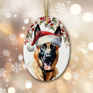 Décoration En Céramique Chien belge Malinois Holly Berry Noël