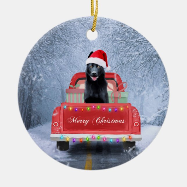 Décoration En Céramique Chien berger allemand en neige assis à Noël (Devant)