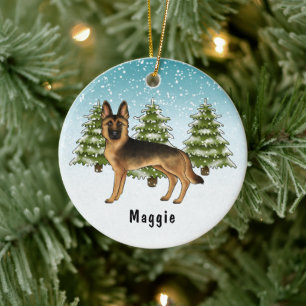 Décoration En Céramique Chien Berger Allemand noir et feu Forêt d'hiver