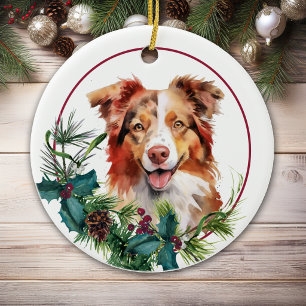 Décoration En Céramique Chien Berger Australien Rouge Blanc Couronne de Ve