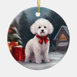 Décoration En Céramique Chien Bichon Frise dans la neige de Noël