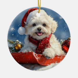 Décoration En Céramique Chien Bichon Frise dans un traîneau Laissez tomber