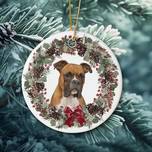 Décoration En Céramique Chien Boxer Red Bow Pinecone Wreath Personnalisé (Créateur téléchargé)