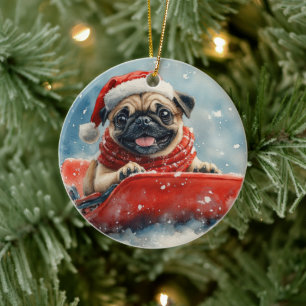 Décoration En Céramique Chien Carlin en Luge Laissez Tomber la Neige Noël