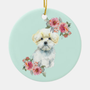 Décoration En Céramique Chien chiot maltais mignon avec Fleurs Aquarelle