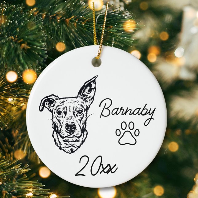 Décoration En Céramique Chien croisé Bouledogue Beagle Nom personnalisé et (Beagle Bull Cross Dog Custom Name and Year Ornament with Paw Print. Black and White Line Art Modern)