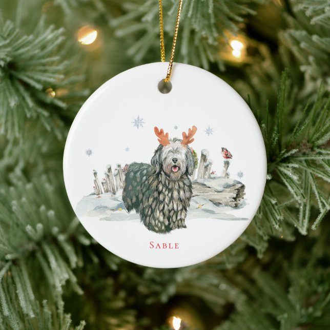 Décoration En Céramique Chien d'aquarelle Bergamasco Sheepdog | Monogramme (Arbre)