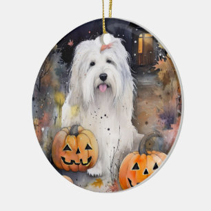 Décoration En Céramique Chien de berger anglais ancien Halloween avec citr