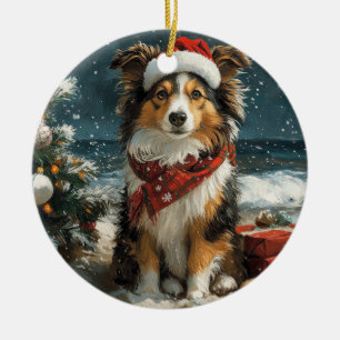 Décoration En Céramique Chien de berger des Shetland Noël Vintage Plage