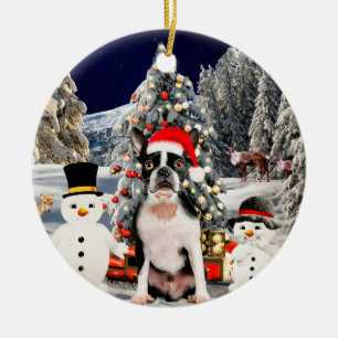 Décoration En Céramique Chien de Boston Terrier dans la neige Lumières Cas