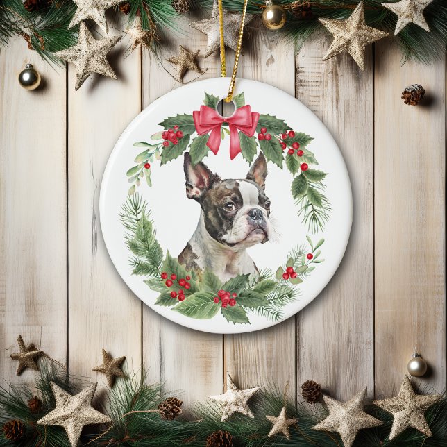 Décoration En Céramique Chien de Boston Terrier Red Bow Holly Wreath (Créateur téléchargé)