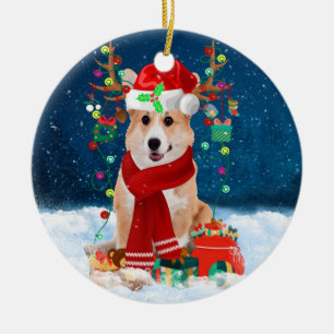 Décoration En Céramique Chien de Corgi en neige avec cadeaux de Noël