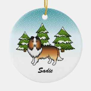 Décoration En Céramique Chien de dessin animé Sable Sheltie en hiver & nom