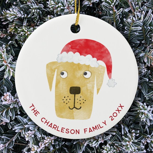 Décoration En Céramique Chien de Noël Nom de famille Date (Golden yellow labrador retriever dog in a Santa hat personalized family name date ceramic ornament)