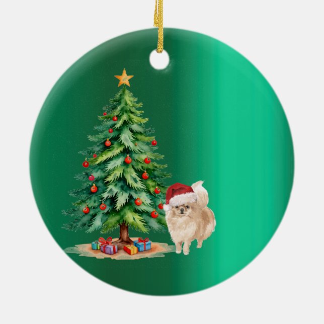 Décoration En Céramique Chien de Noël Poméranien Vert Joyeux voeux (Dos)