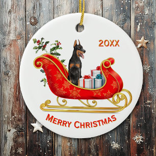 Décoration En Céramique Chien de Noël Sleigh Doberman Pinscher